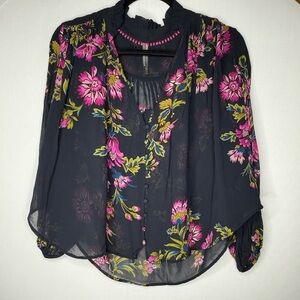 RARE Anthropologie Floral Sheer Blouse in Black with Pink & Green Print oversize